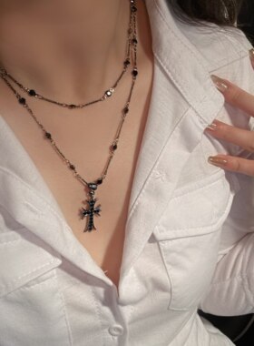暗黑辣妹风黑色锆石十字架双层项链女春长款小众轻奢高级感锁骨链