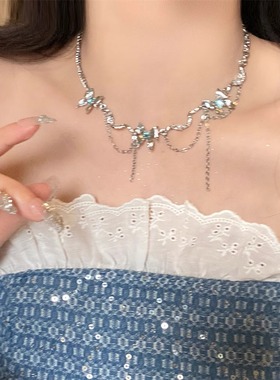 湖蓝色液态蝴蝶项链轻奢小众设计感高级设计感新款女ins镀银饰品