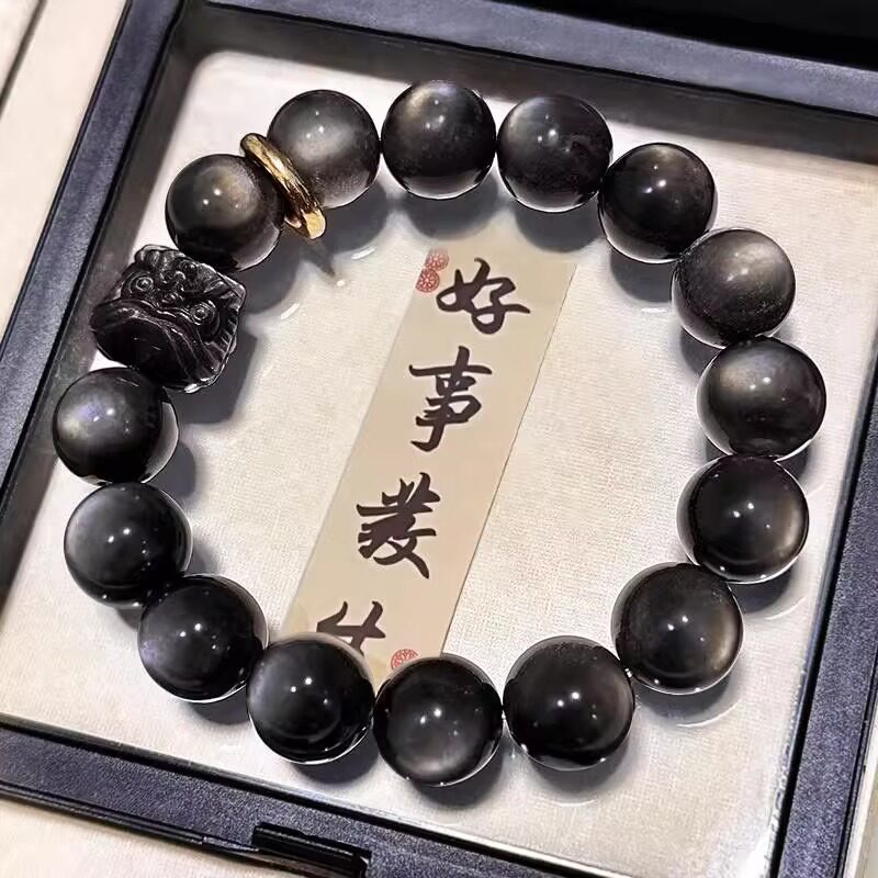 新中式祥瑞醒狮手串弹力手链不掉色仿黑曜石情侣情人节礼物ins风