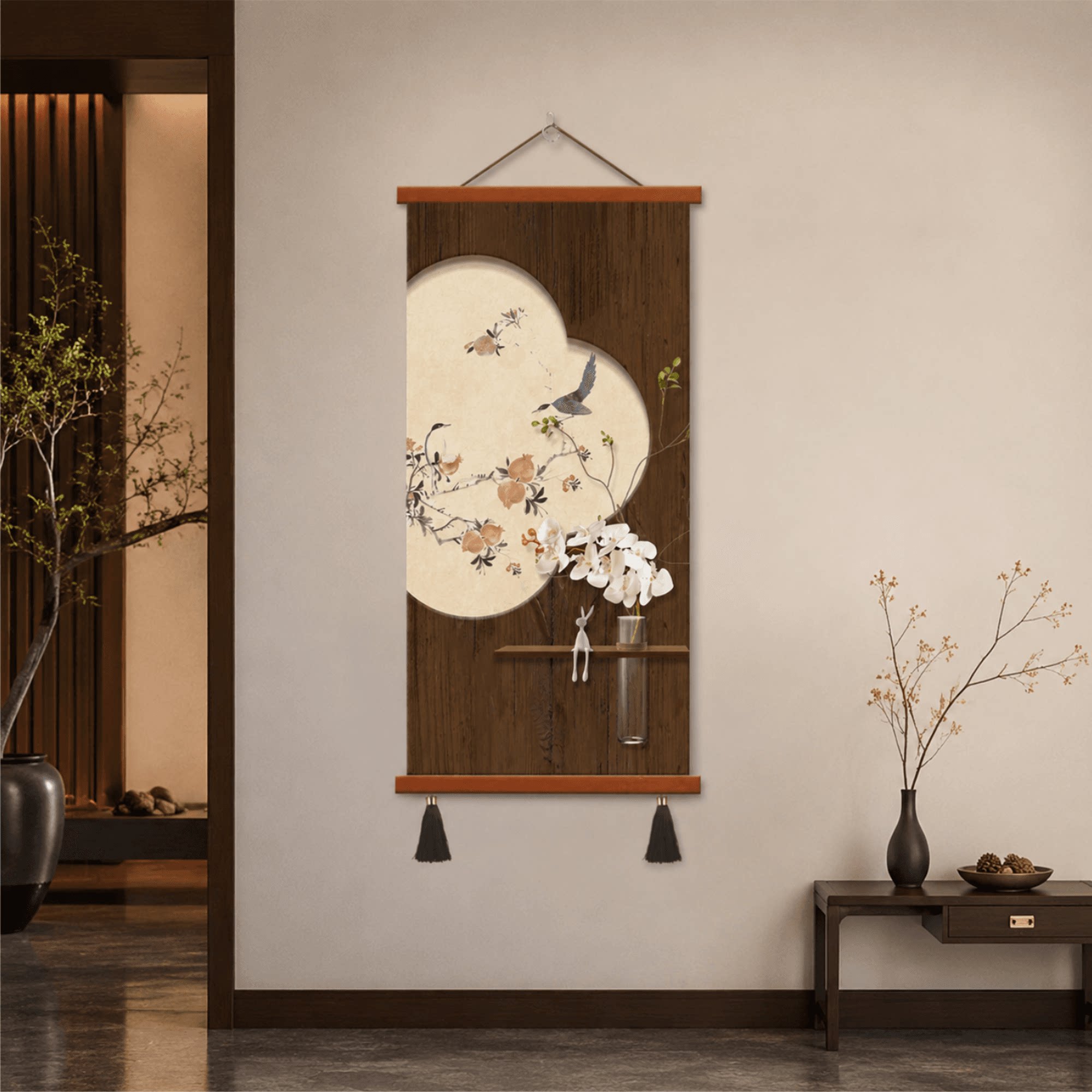 新中式玄关花鸟石榴装饰画客厅茶室禅意立体水培花卉墙面挂饰精品