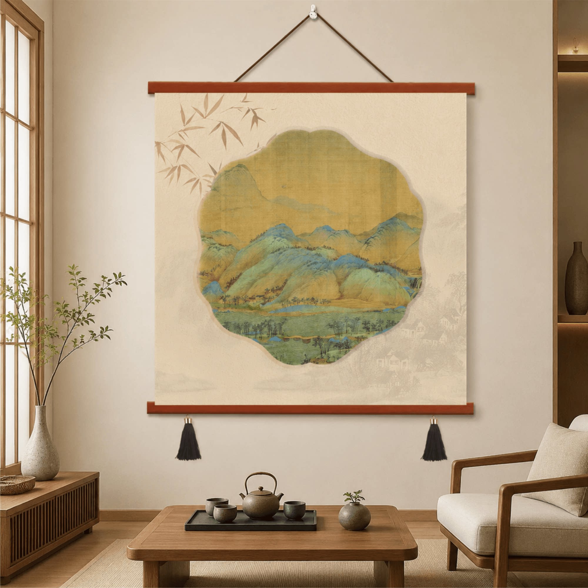 新中式青绿山水挂画轻奢国风复古客厅玄关书房餐厅背景墙装饰壁画