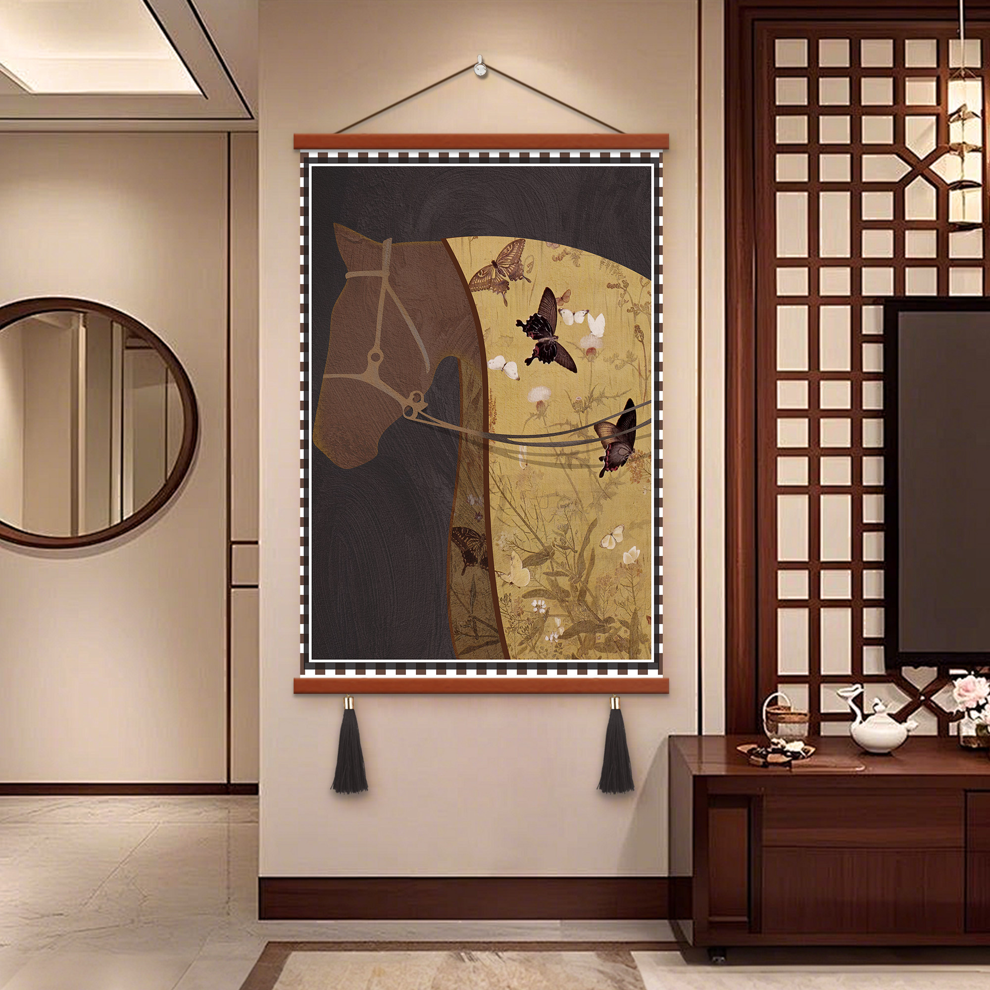 中古风客厅落地装饰画马到成功沙发背景墙挂画高级感复古玄关壁画