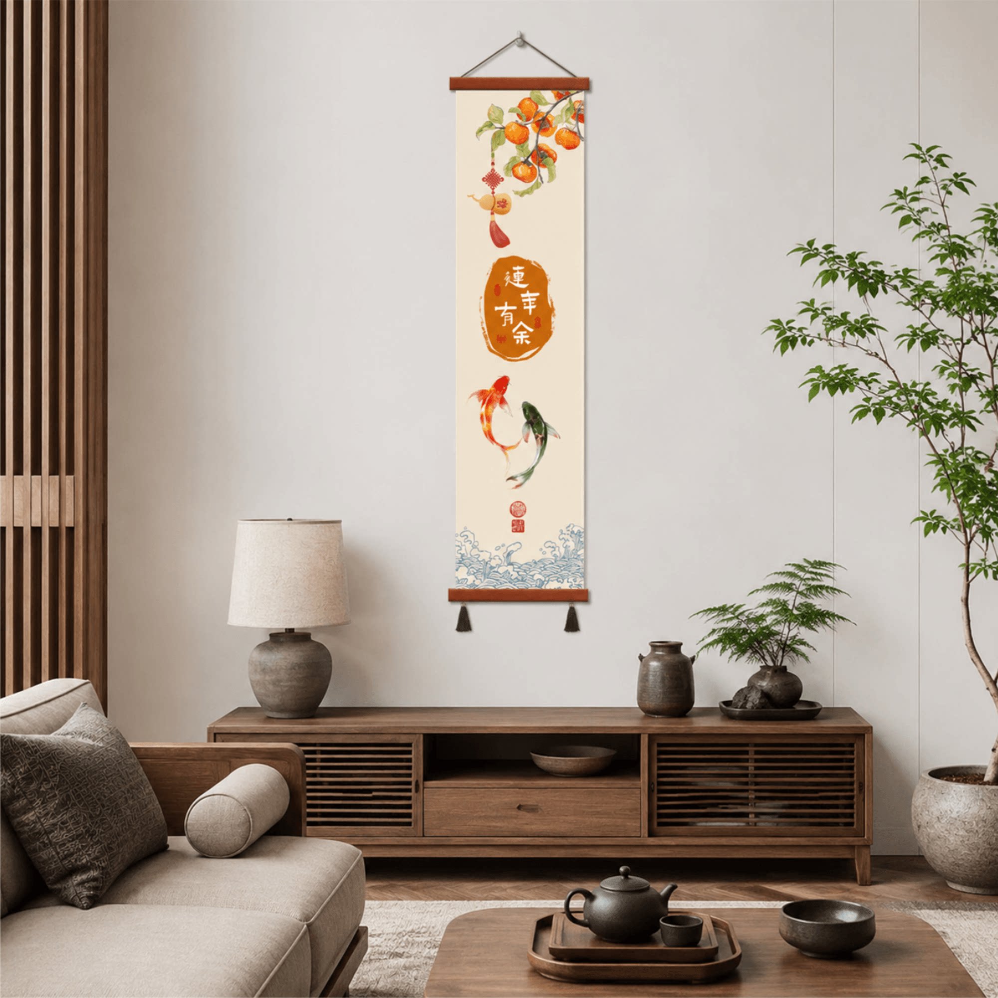 新中式客厅玄关连年有余锦鲤柿子挂画餐厅茶室走廊墙面装饰画