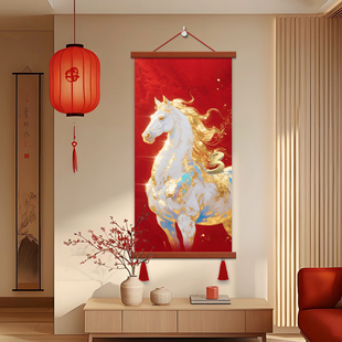 2026中式风马到成功装饰画客厅卧室挂画红色梅花金色骏马布卷轴画
