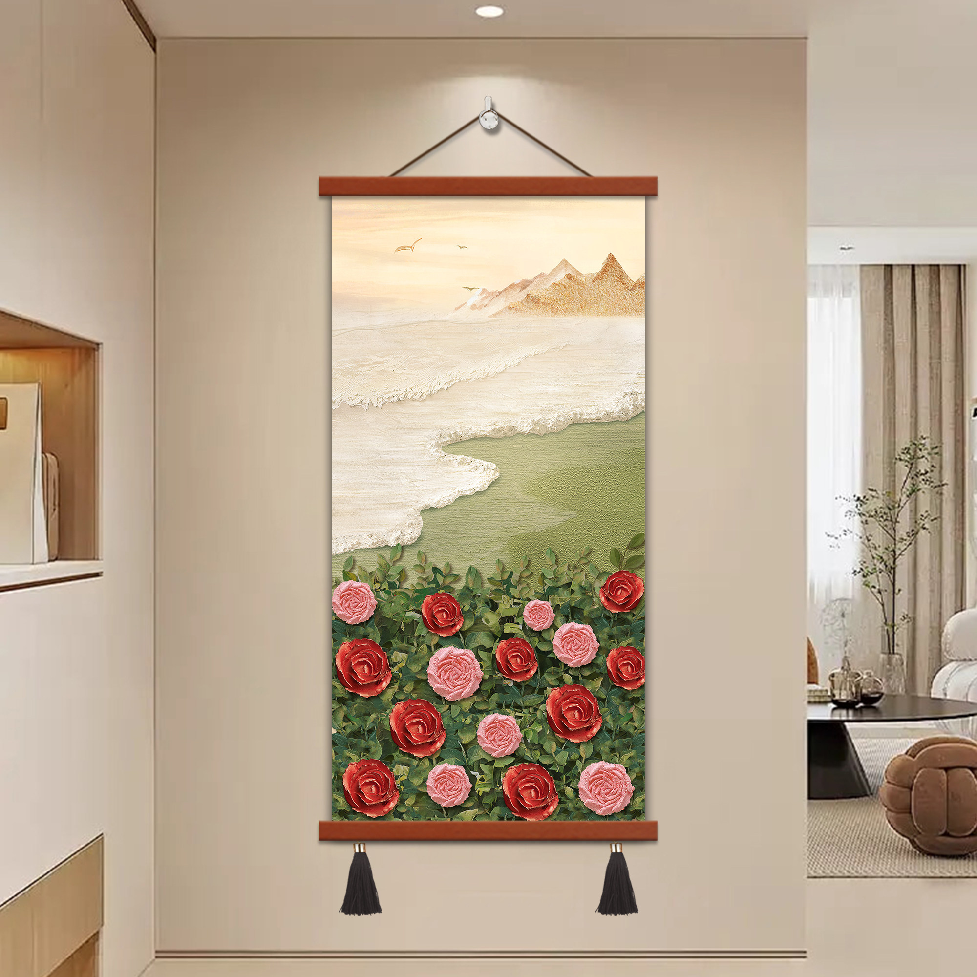 法式奶油风客厅装饰画玫瑰中古风沙发背景墙挂画高级感肌理玄关画