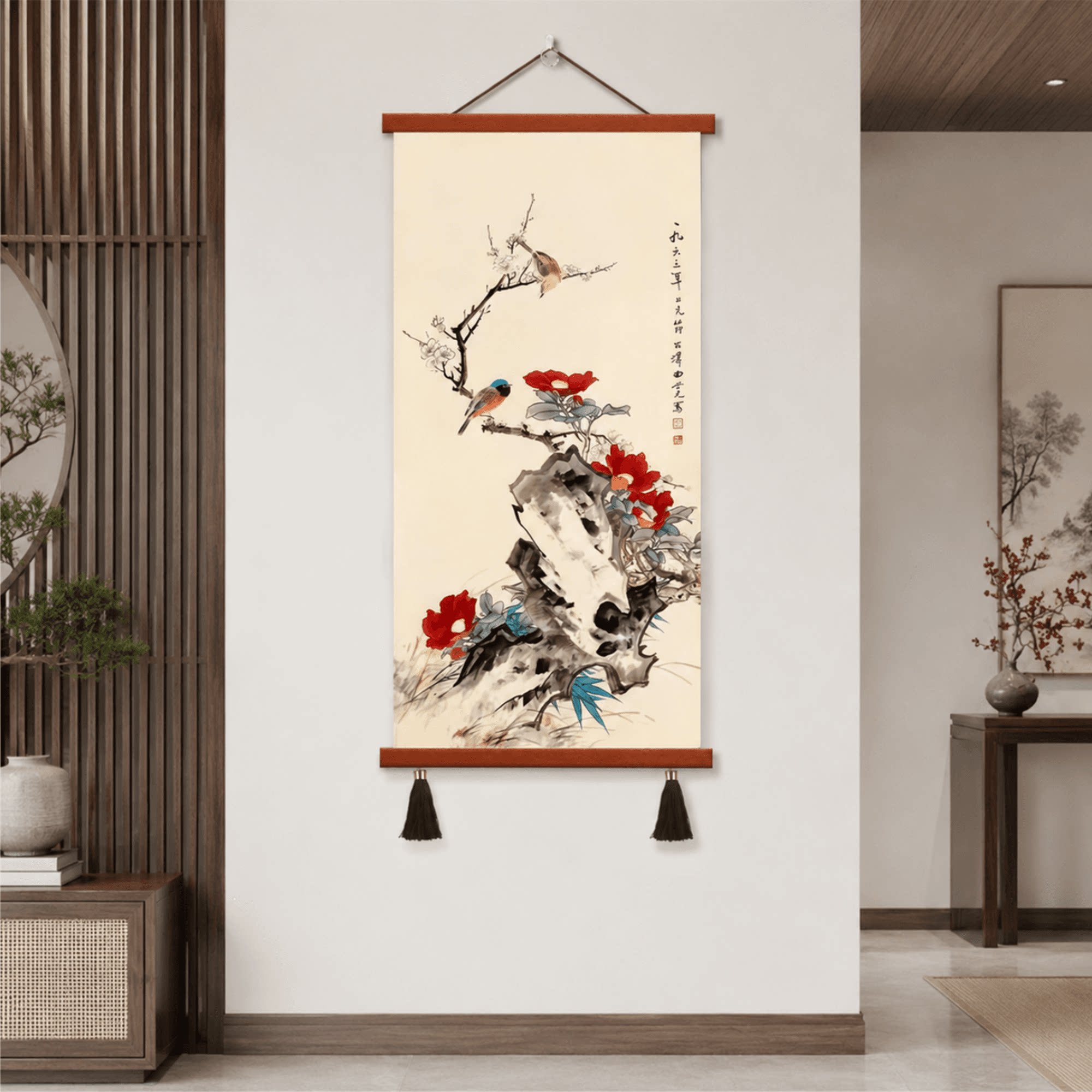 新中式复古轻奢玄关花鸟山茶梅花国画挂画客厅书房过道墙面装饰画