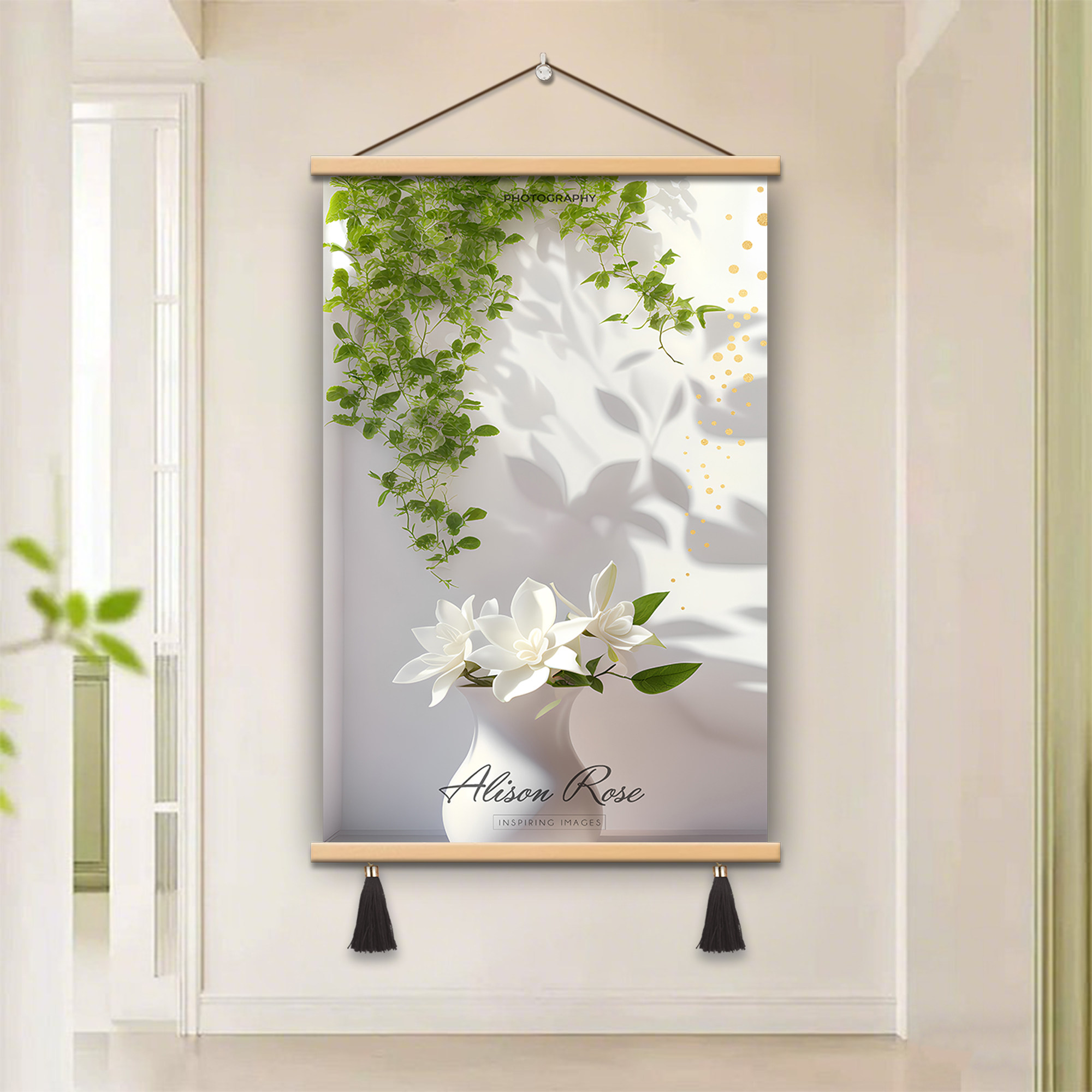 现代简约温馨植物花卉光影实木卷轴挂画花瓶玄关客厅入户门装饰画