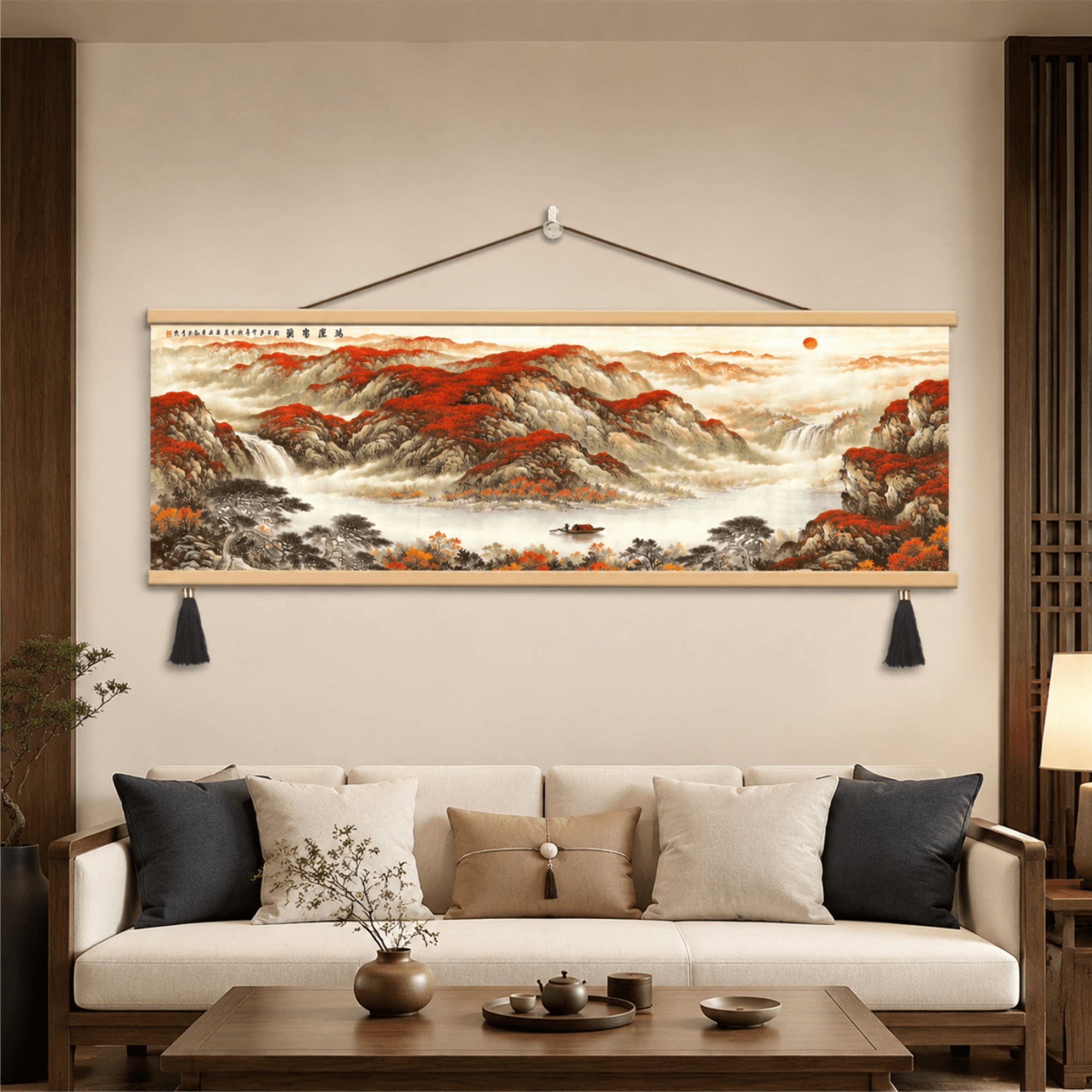 新款中式鸿运当头山水挂画客厅沙发背景墙办公室招财风景装饰壁画