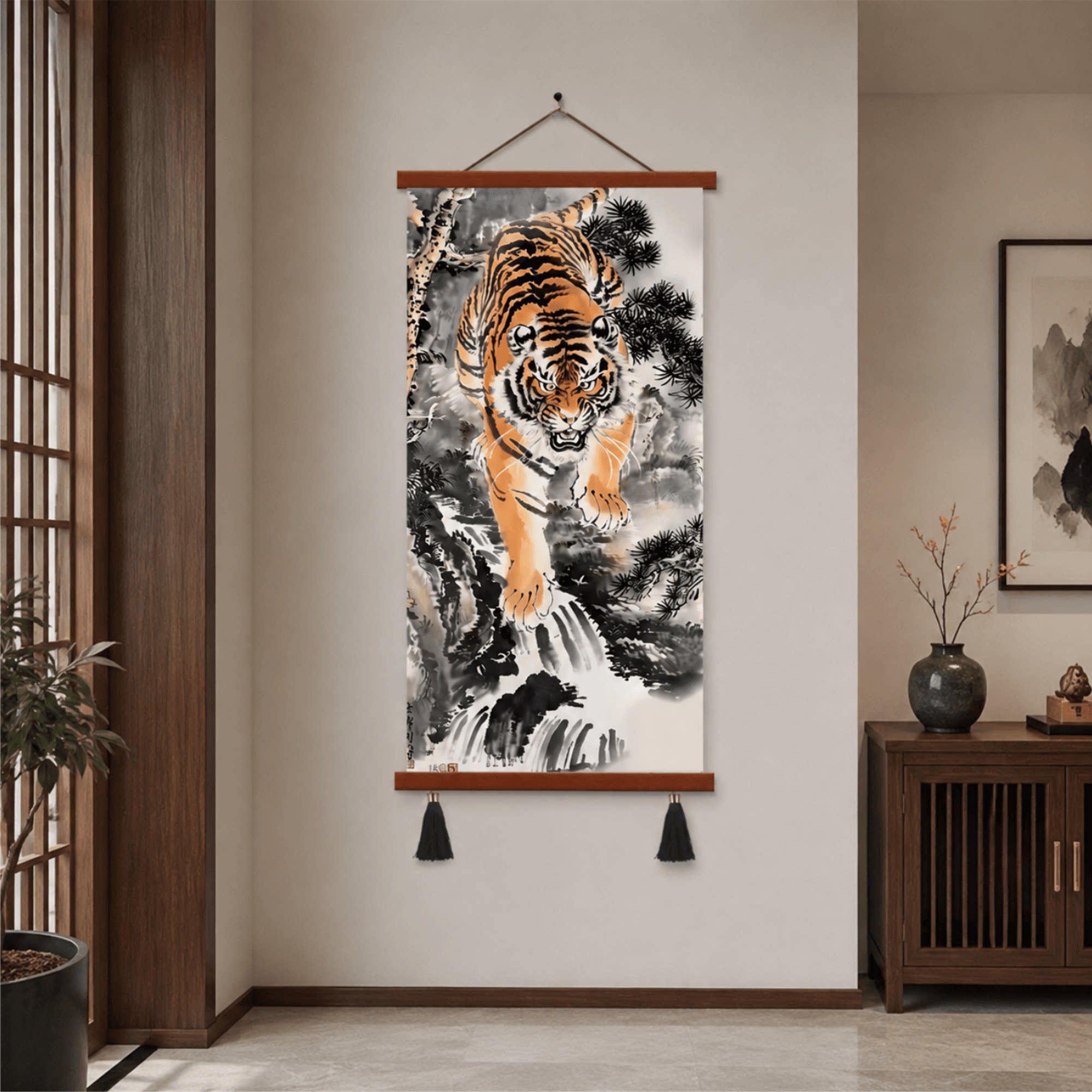 精品新中式客厅玄关下山虎国画装饰挂画书房茶室招财镇宅猛虎壁画