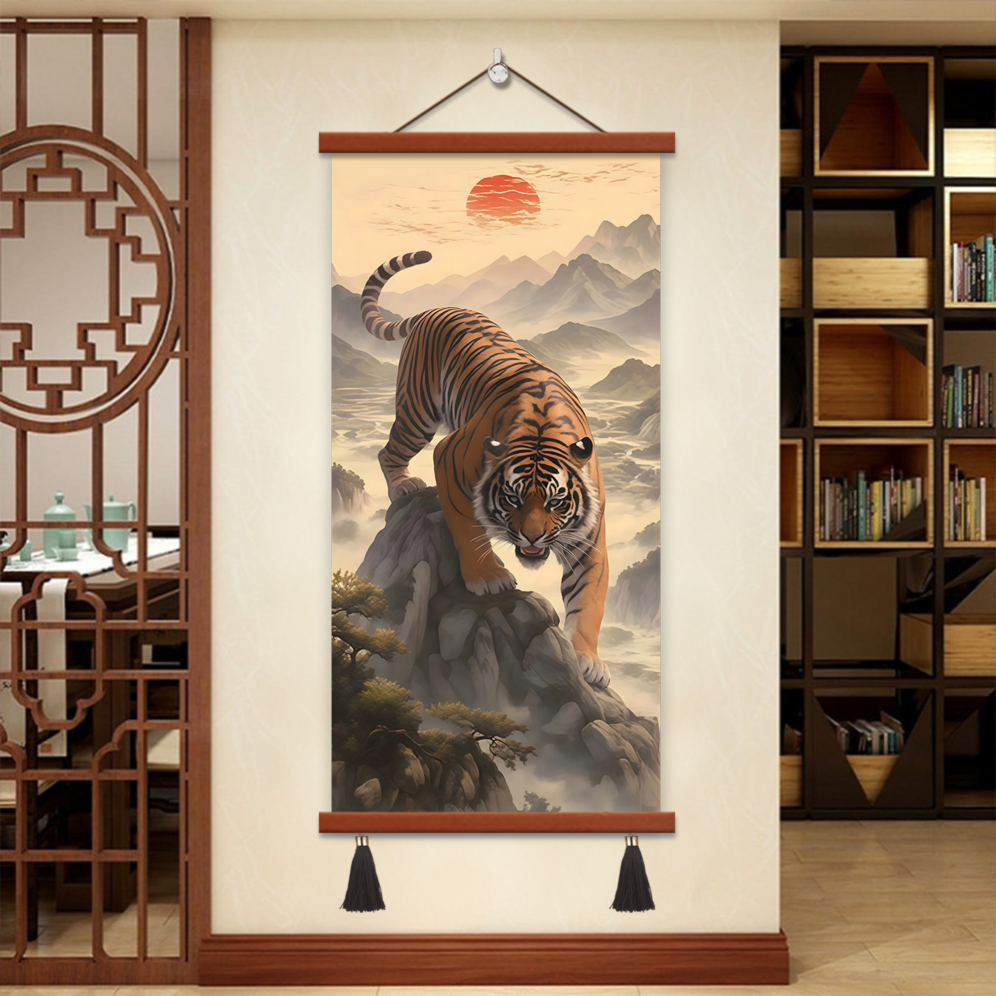 老虎国画猛虎下山玄关装饰画客厅办公室入户墙画壁画镇宅旺宅挂画