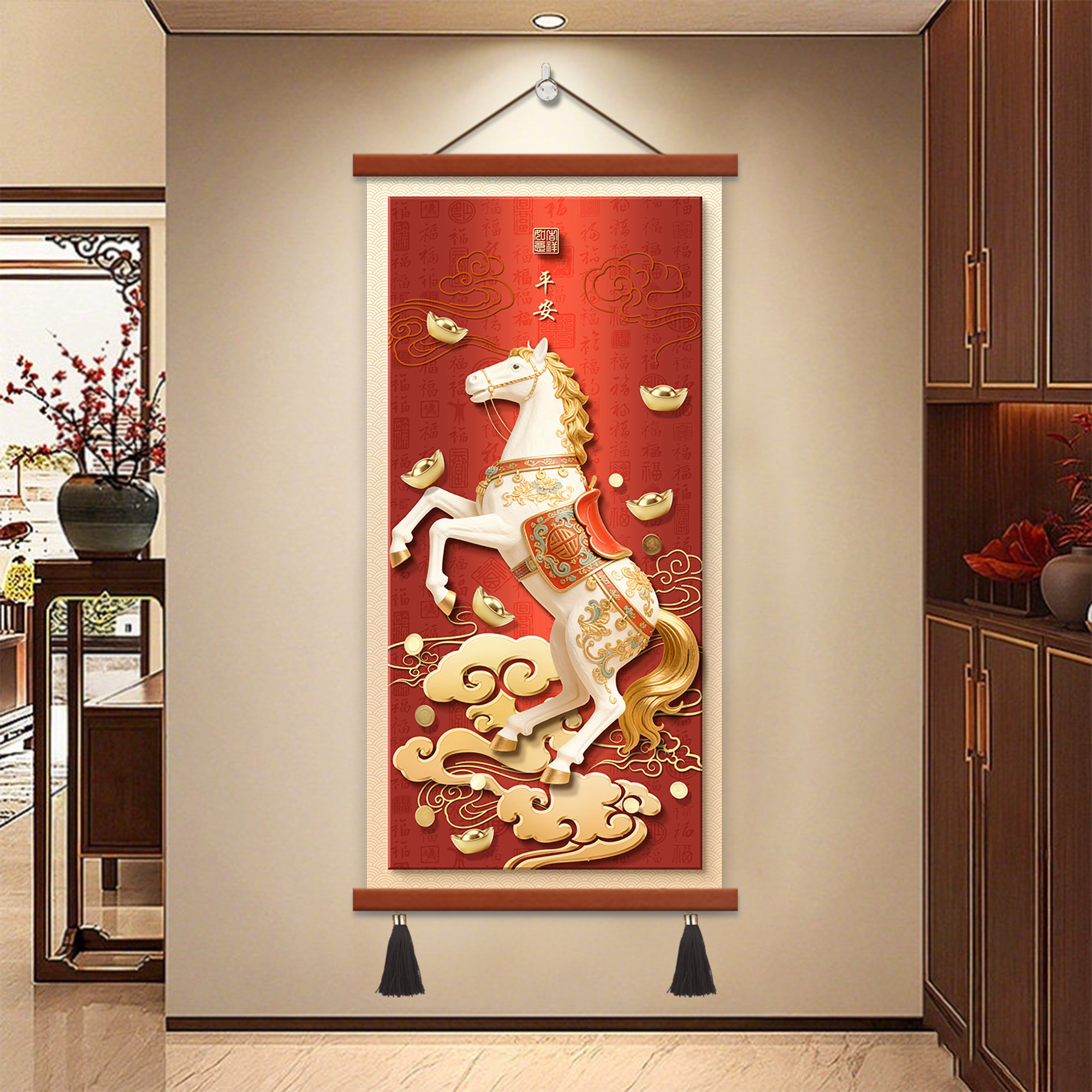 马上有钱玄关装饰画入户正对门壁画喜庆新中式百福图走廊过道挂画