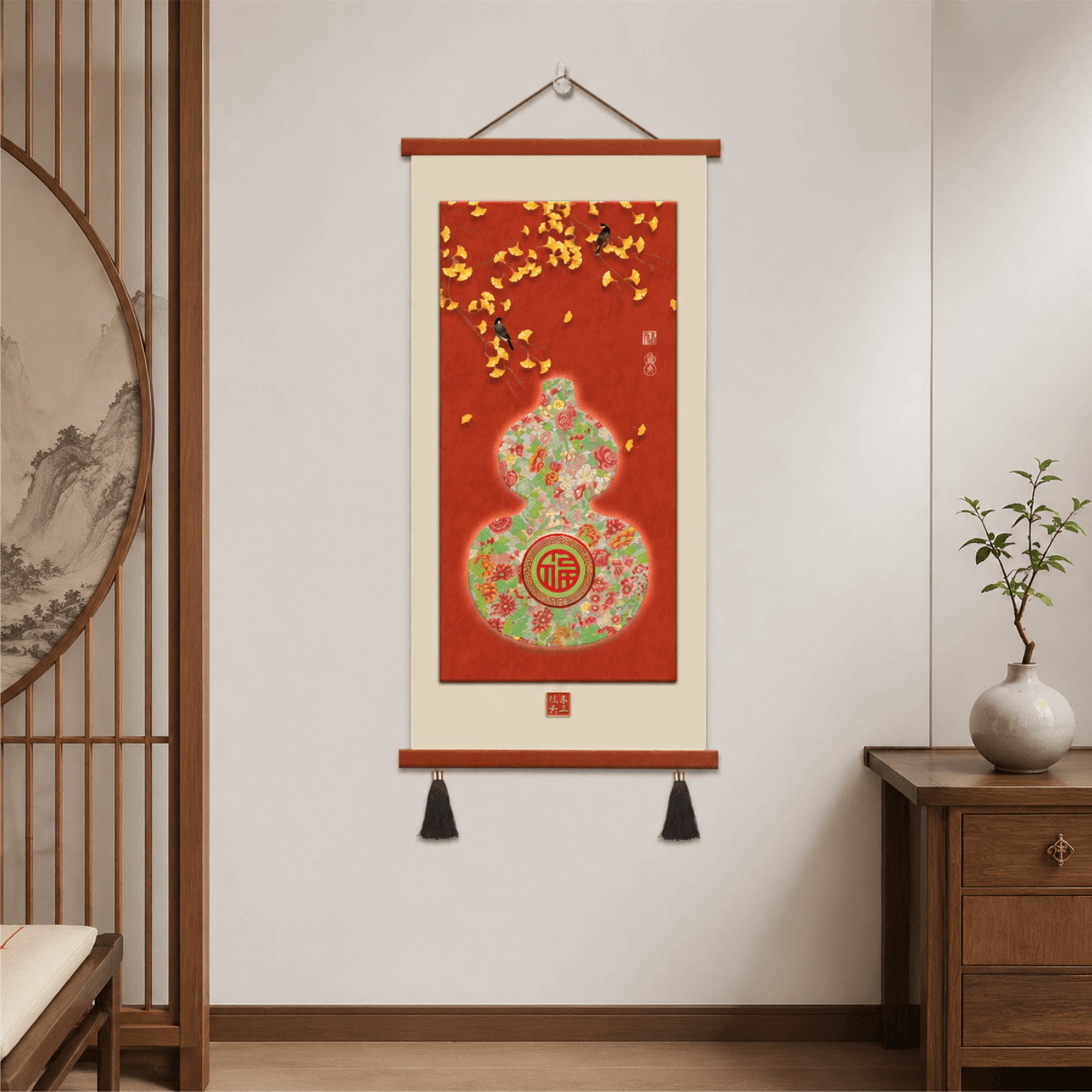 国风新中式喜庆玄关过道招财葫芦福字银杏花鸟客餐厅墙面装饰挂画