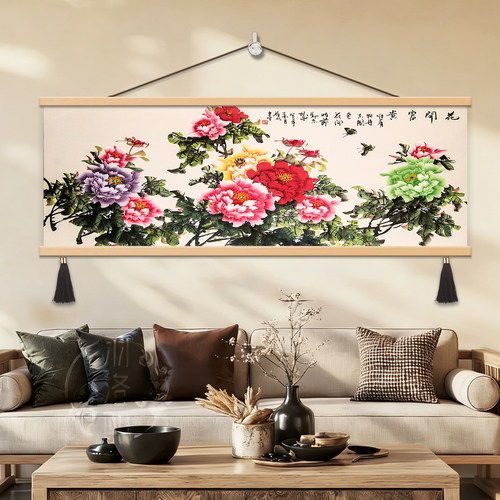 中式牡丹花装饰画客厅挂画松木原色流苏吊穗高清油画布壁画