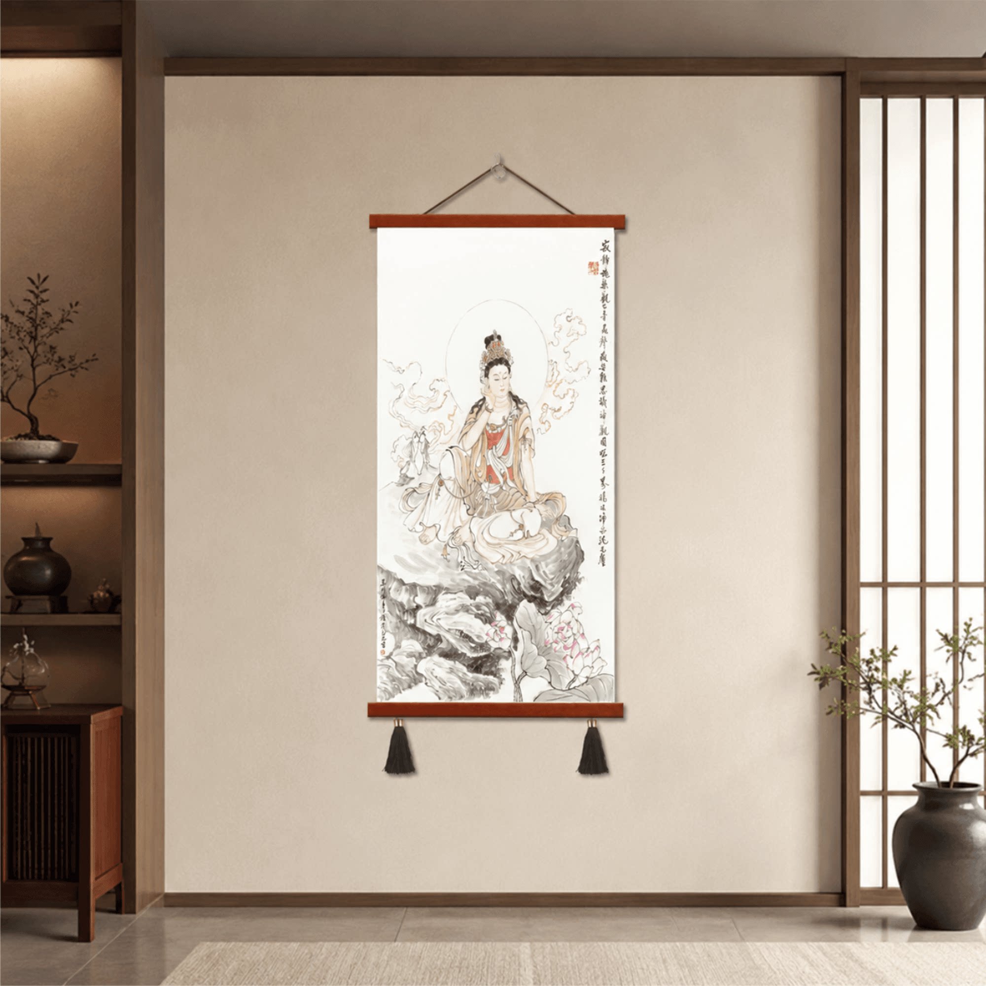 手绘禅意观音水墨国画新中式客厅玄关书房茶室佛堂供奉竖版装饰画