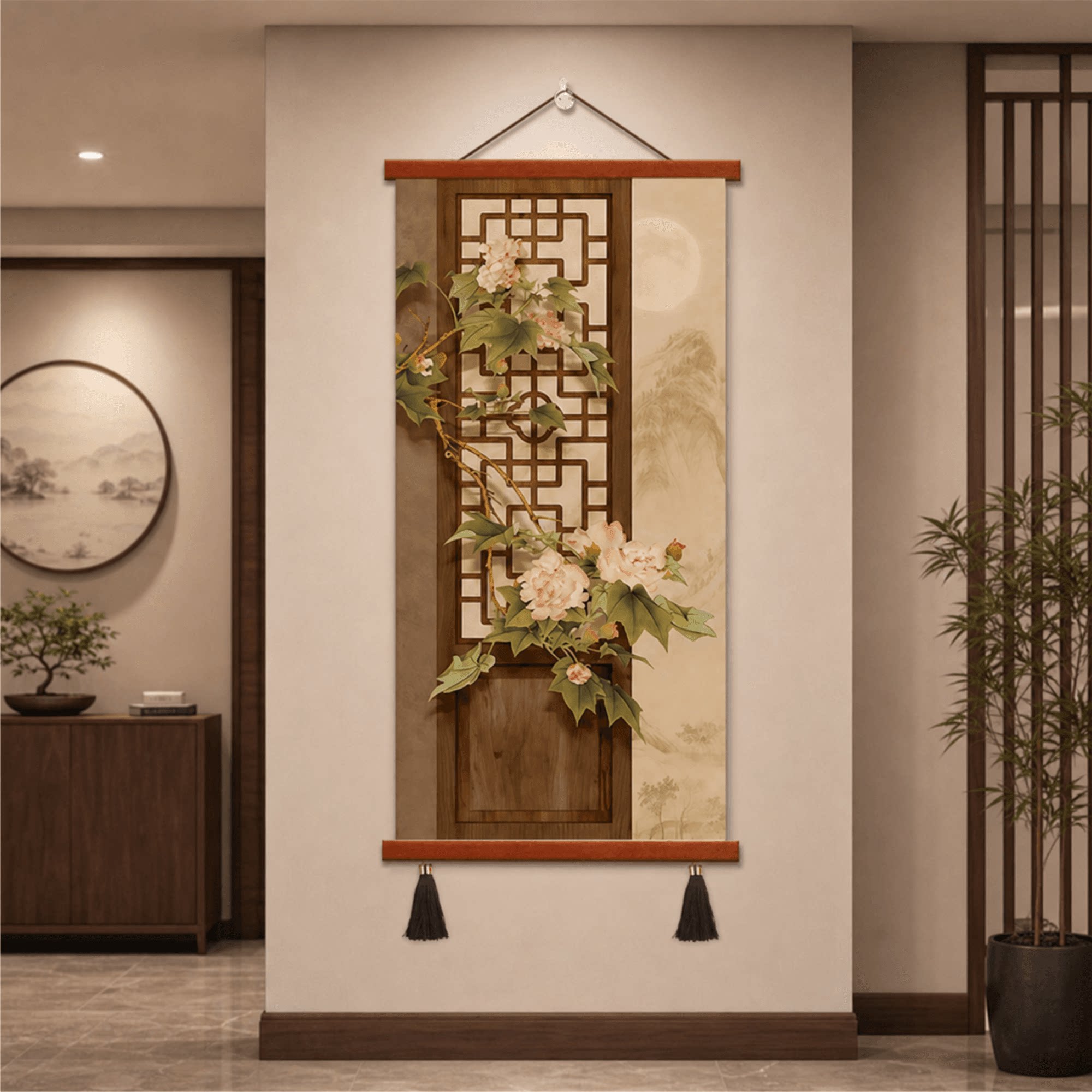 新中式轻奢玄关客厅走廊装饰挂画实木花格芙蓉花山水月色过道壁画