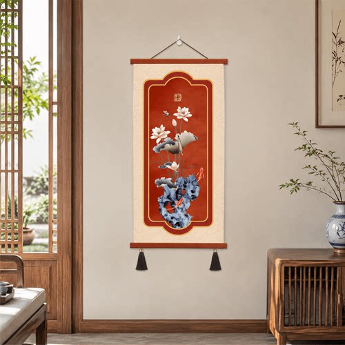 轻奢新中式客厅玄关餐厅书房荷花锦鲤装饰挂画走廊过道竖版墙面画