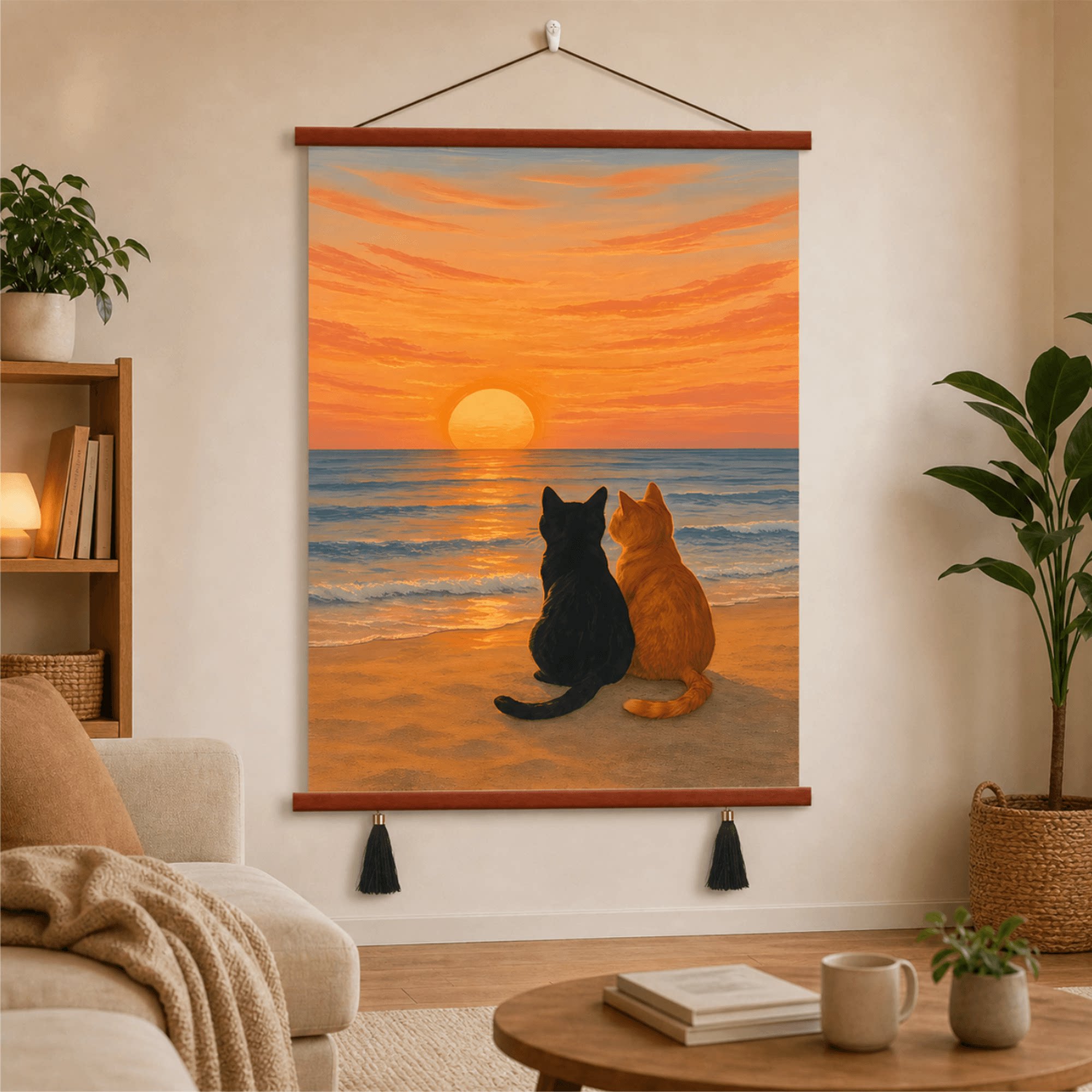 浪漫暖橙色海边日落情侣猫咪装饰画客厅卧室墙面温馨氛围挂画挂饰