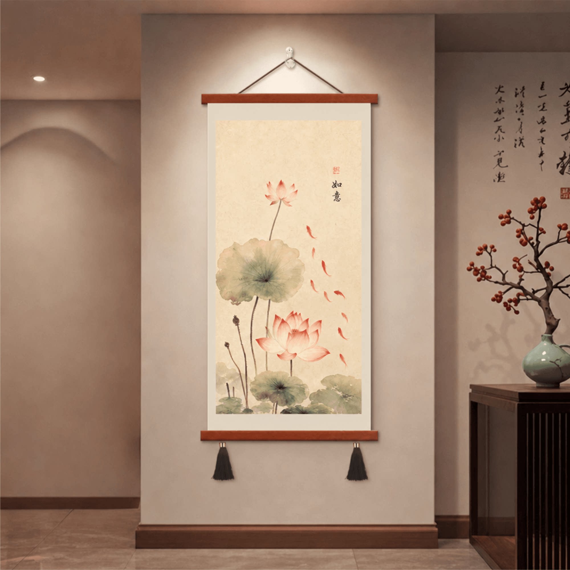 新轻奢国风中式荷花如意玄关装饰画竖版走廊过道茶室客厅墙面挂画