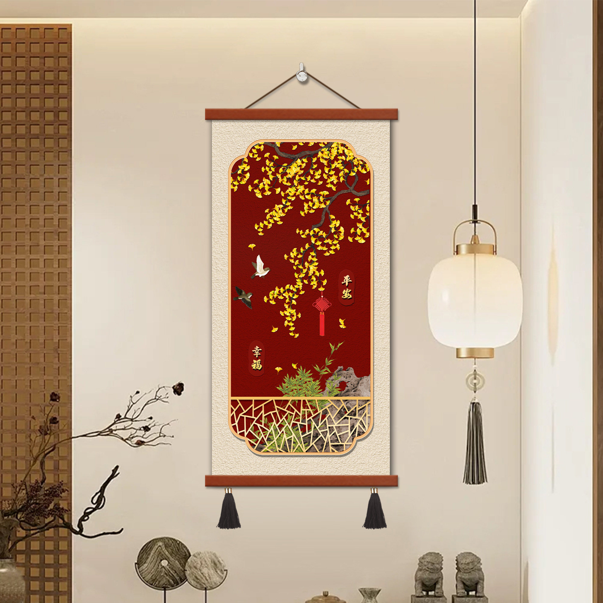 新中式平安幸福银杏玄关挂画竖版红底走廊装饰画客厅茶室吉祥挂画