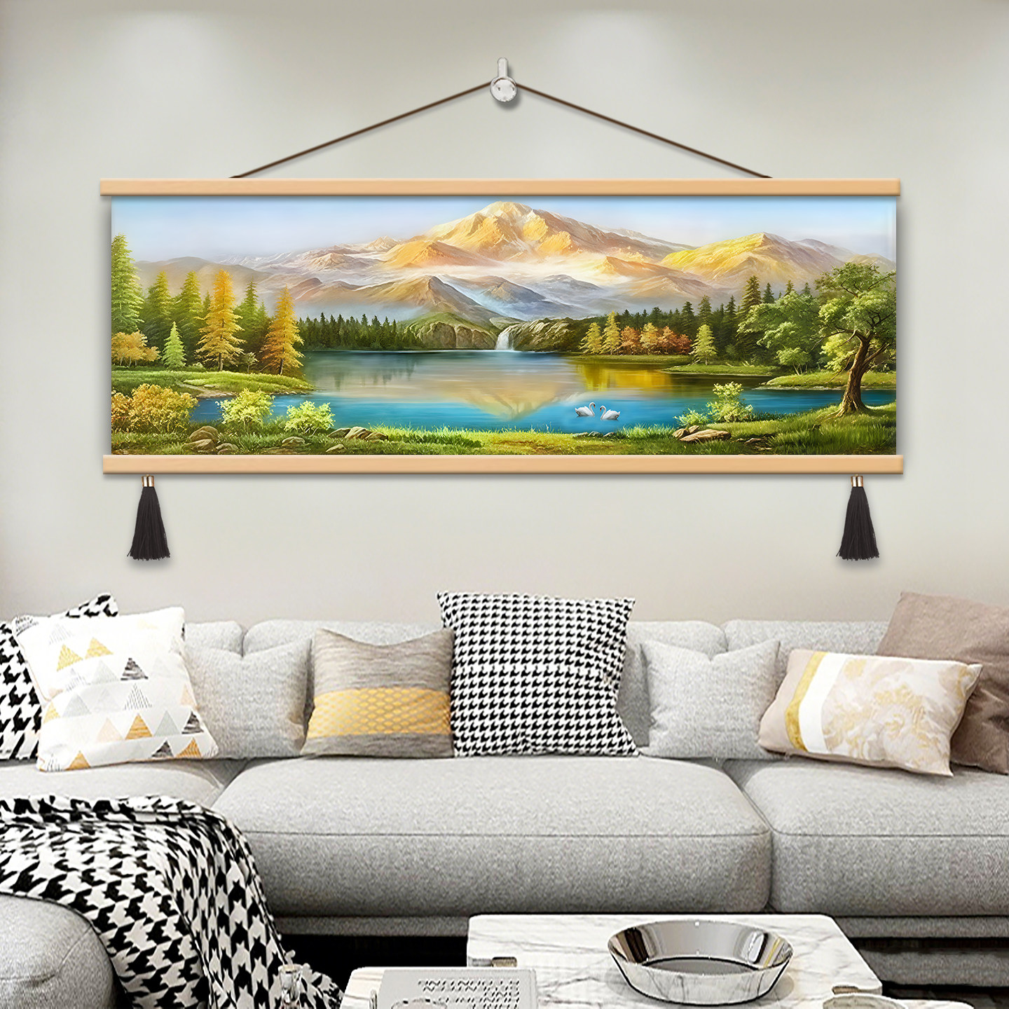 北欧简约山水风景装饰画客厅卧室挂画松木挂轴流苏现代壁画