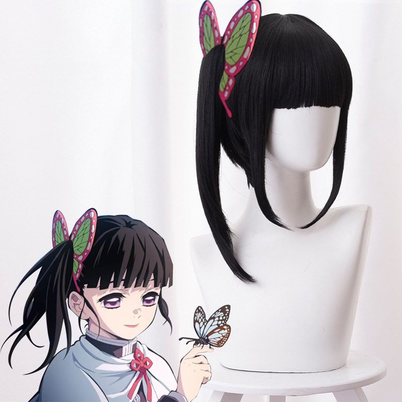 鬼灭之刃 栗花落香奈乎 cos假发 wig 自然黑长鬓角小马尾现货