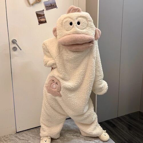 白色丑鱼汉顿连体睡衣女冬季珊瑚绒情侣款搞怪沙雕宽松大码家居服