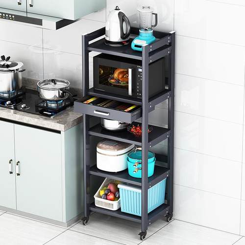 太空铝厨房置物架落地多层带轮可移动微波炉架子带抽屉橱柜收纳架