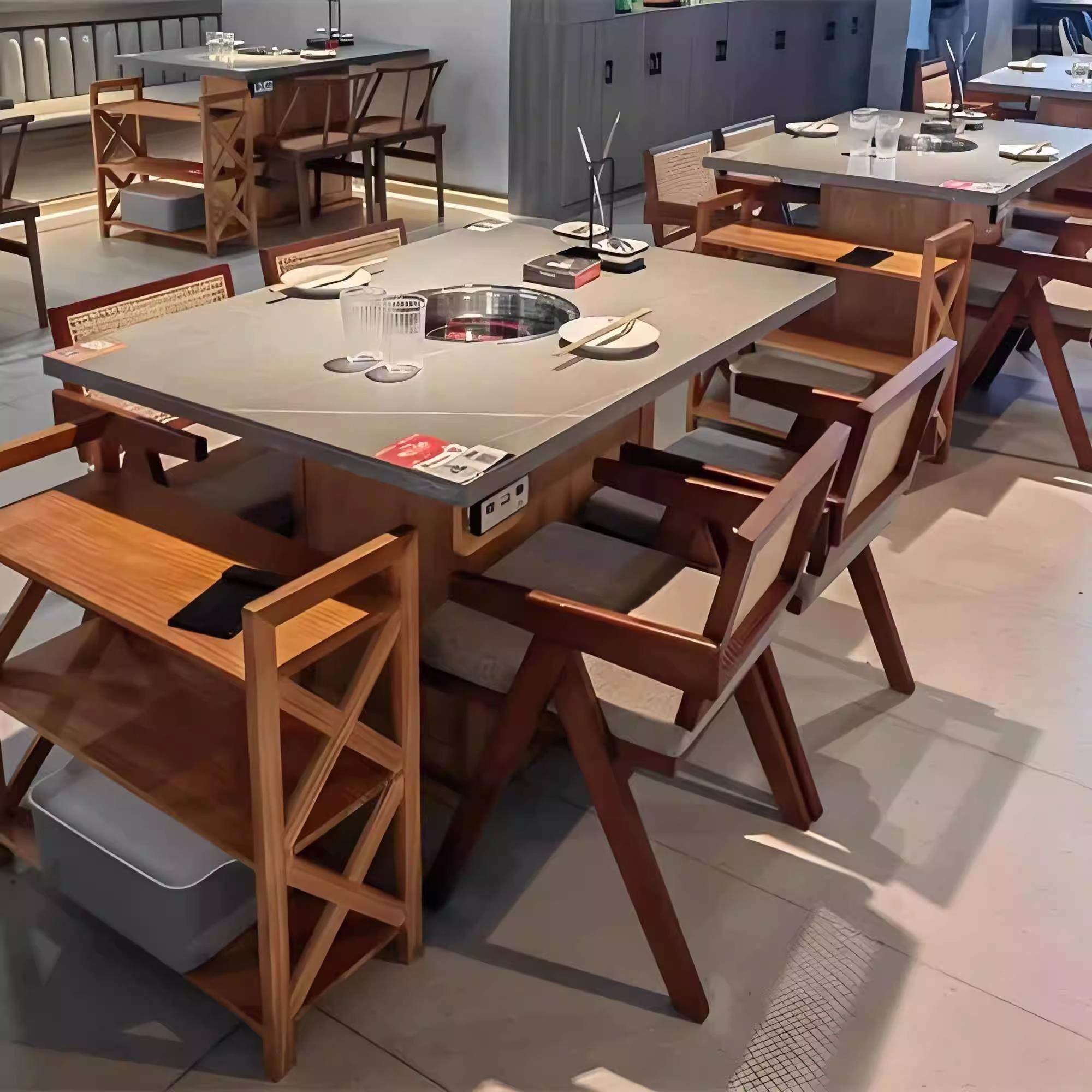 定制大理石岩板火锅桌子商用电磁炉烤涮一体烧烤桌子桌椅组合定制