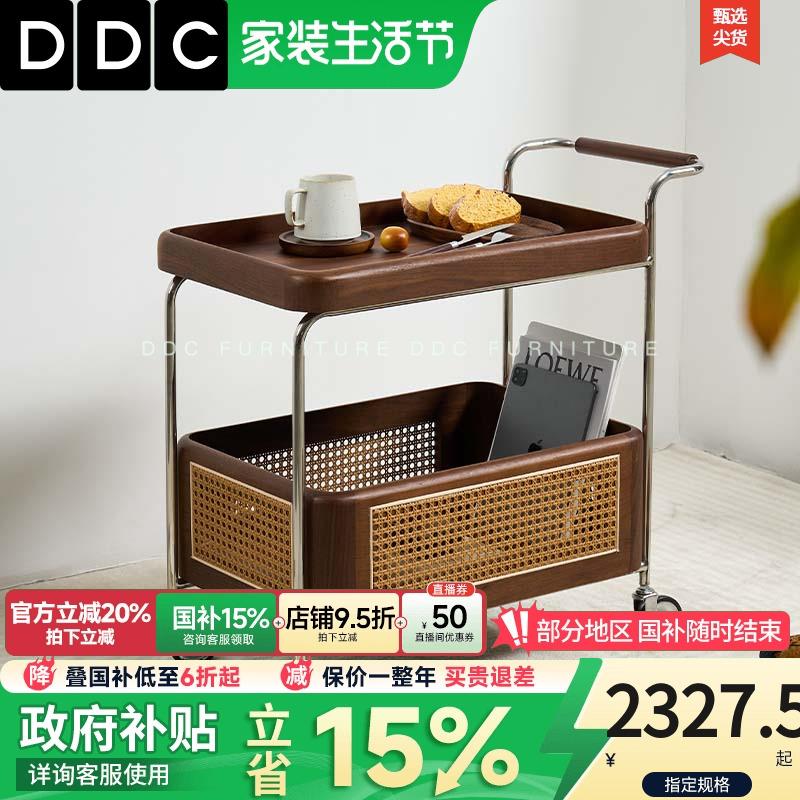 DDC中古风橡胶木移动边几2025新款小户型客厅提手藤编方形小推车