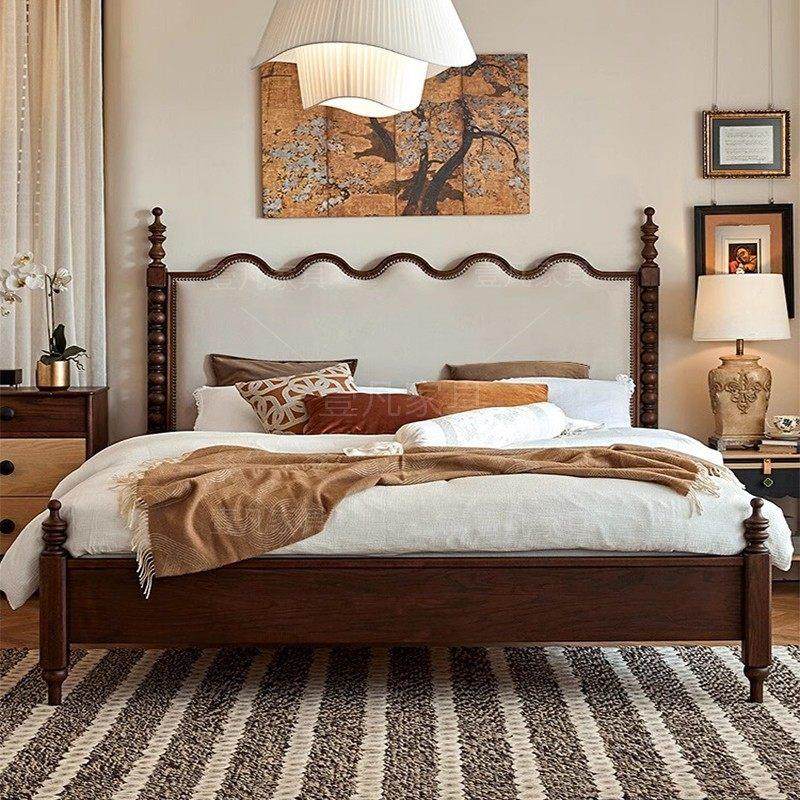 法式复古涟漪实木床1.8米白蜡木中古风双人床1.5米软包主卧大床,住宅家具,实木床,淘宝优惠券,粉丝福利购,淘宝优惠卷