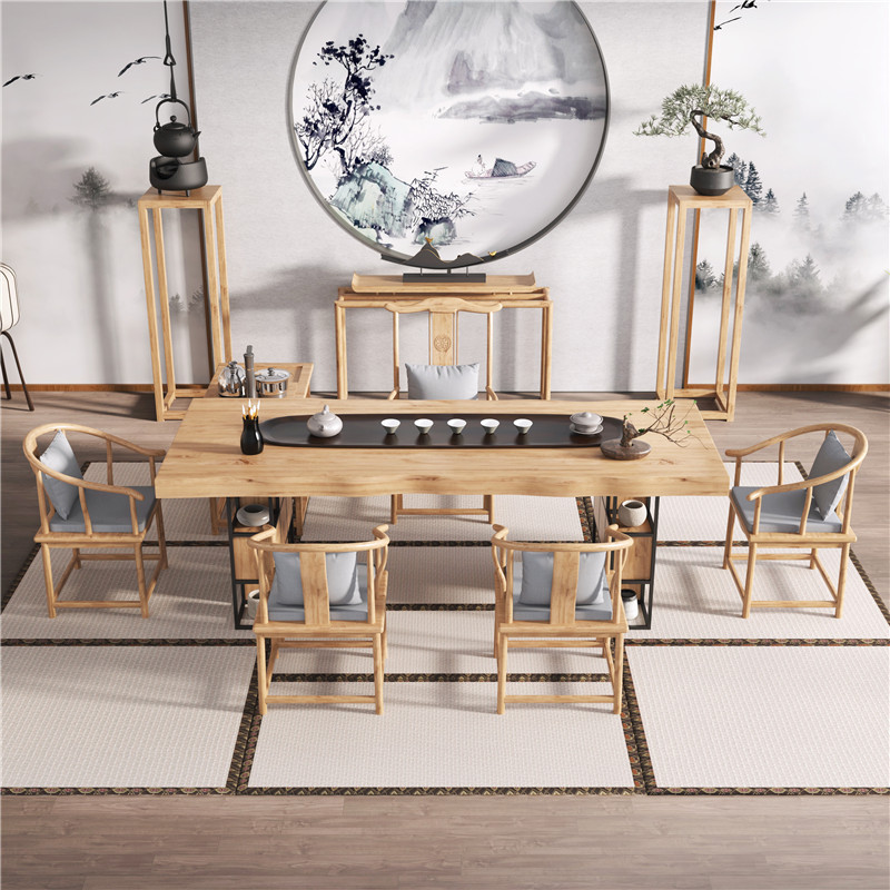 新中式大板泡茶几桌功夫茶台客厅实木家用一米三茶桌茶具套装一体