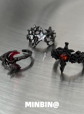 2026暗黑玫瑰月亮十字架戒指男女小众嘻哈朋克风指环高级设计感食