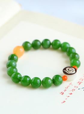 2026昆玉谣和田玉碧玉菠菜绿手炼女款老料圆珠单圈手串礼品珠宝玉