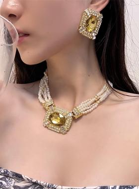 2026覆古黄色椭圆水晶吊坠项炼多层珍珠锁骨炼层次感叠戴颈炼套装