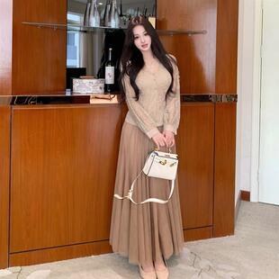 温软解语花温婉清冷感v领针织蕾丝衫上衣女网纱半身裙茶歇风套装