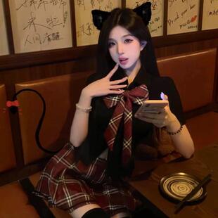 2026夏季新款韩版校园风短袖衬衫女jk制服蝴蝶结修身黑色女团上衣