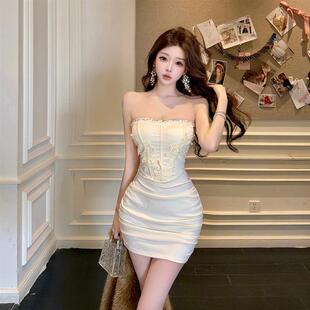 纯欲风设计感提花镶钻抹胸连衣裙性感包臀褶皱修身 显瘦生日礼服裙