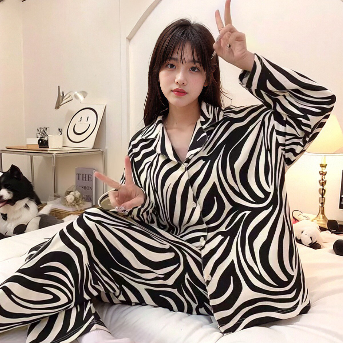 带胸垫睡衣女春秋款开衫长袖长裤套装宽松薄款可外穿夏天家居服女