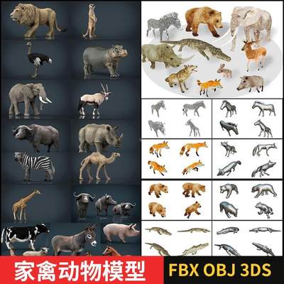 C4D家禽非洲鱼类家禽海洋FBX卡通森林动物OBJ树桩石头3DS模型素材
