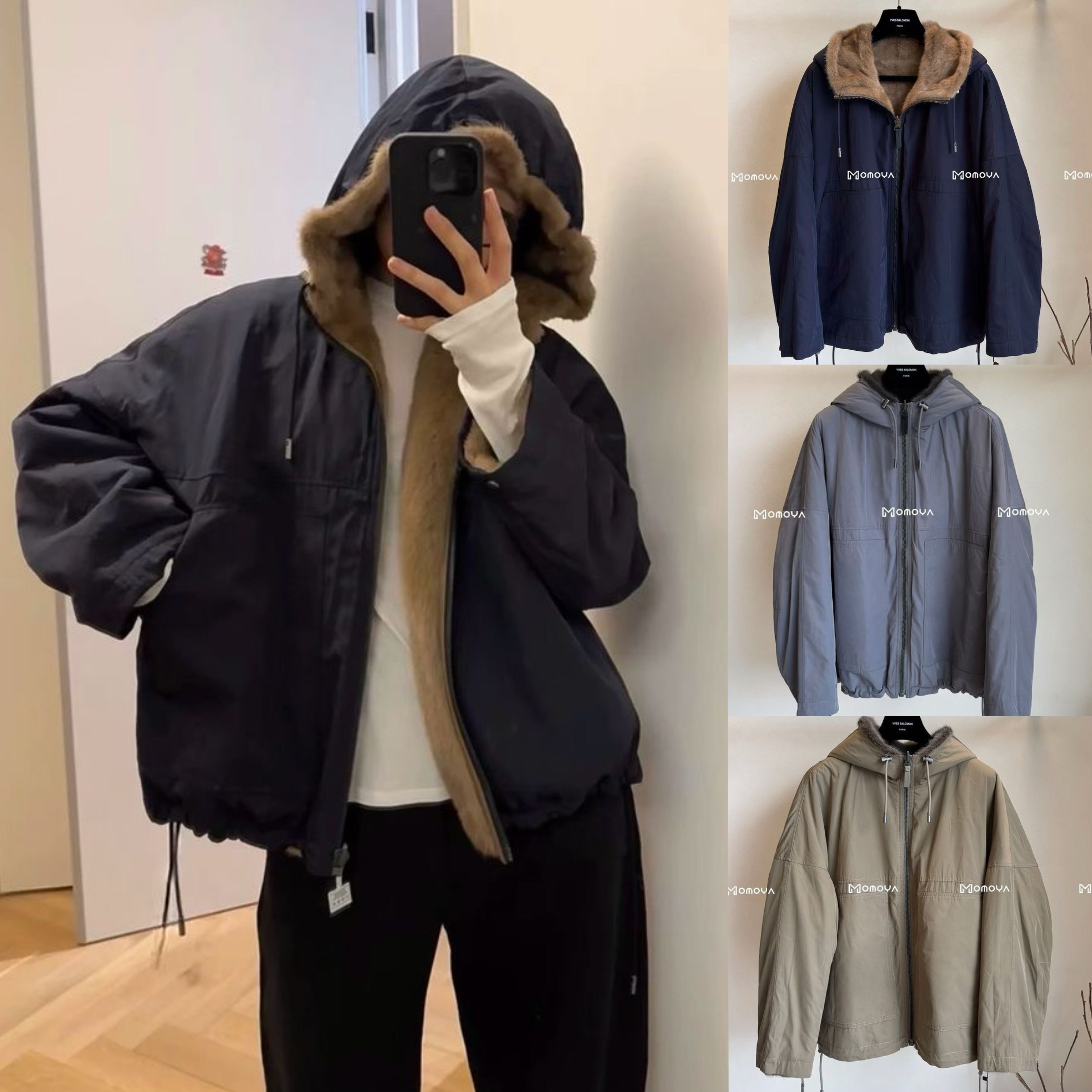 YvesSalomon双面貂皮草连帽外套