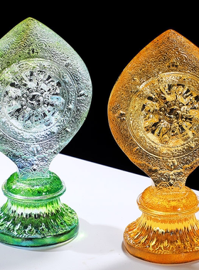 藏式彩色琉璃法轮宝吉祥琥珀色吉祥七政宝金轮王密宗佛前供具摆件