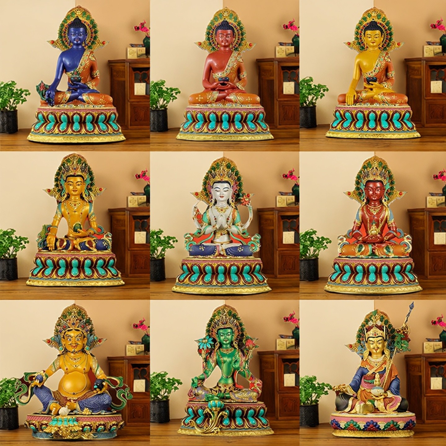 新品多款黄铜彩绘鎏金铜佛像度母长寿释迦药师文殊地藏5寸7寸摆件