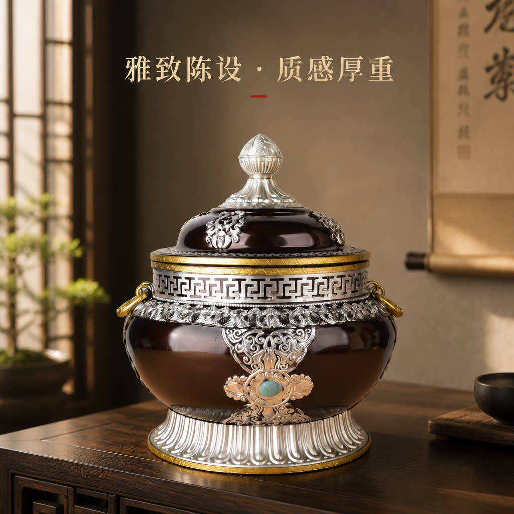 藏式仿古合金浮雕八吉祥糌粑盒