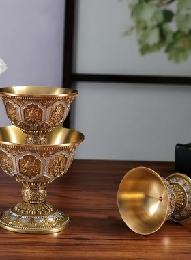 火鸟精品纯铜八吉祥浮雕雕花铜高脚酥油灯座液体长明灯座灯盏烛台