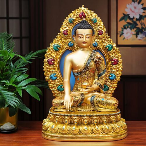 精工黄铜制尼泊尔工艺錾刻版释迦牟尼阿弥陀佛药师带背光坐像摆件