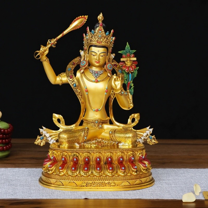 尼泊尔工艺文殊菩萨精工铜雕半彩绘鎏金文殊师利佛像纯铜手工錾刻