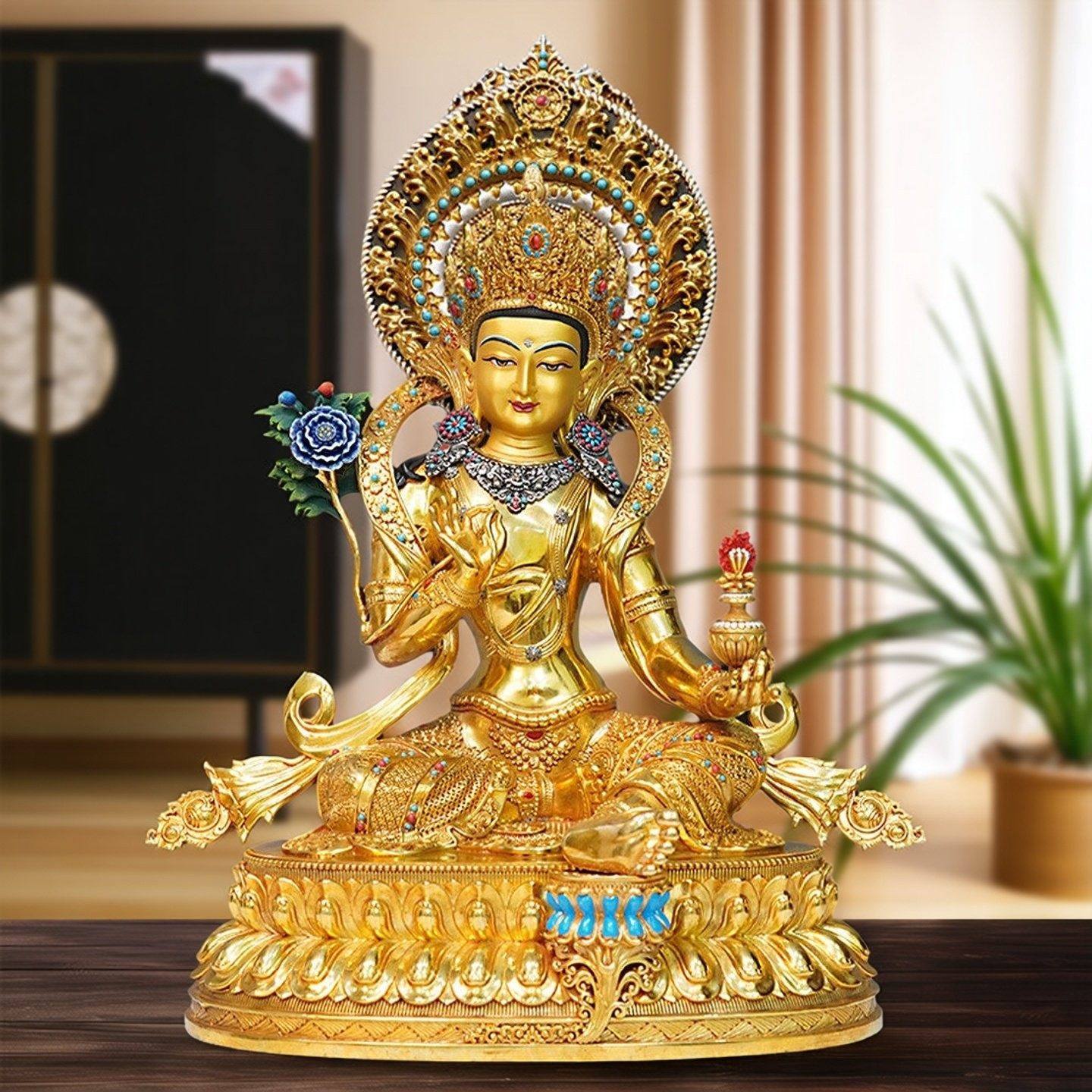 尼泊尔工艺精工黄铜彩绘鎏金普贤菩萨佛像密宗纯铜手工錾刻摆件