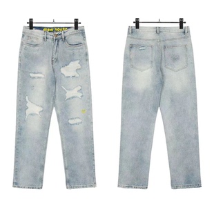 正确版DREW贾斯汀比伯JUSTIN欧阳娜娜同款笑脸刺绣破洞牛仔裤潮牌