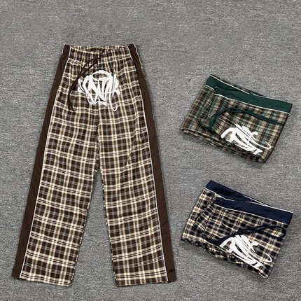 Syna world美式高街潮牌字母发泡印花格子高街宽松男女直筒长裤秋