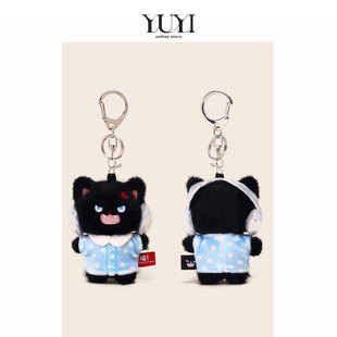 YUYI原创可爱黑色耳机炸毛猫咪毛绒公仔书包包挂件情侣钥匙扣挂饰